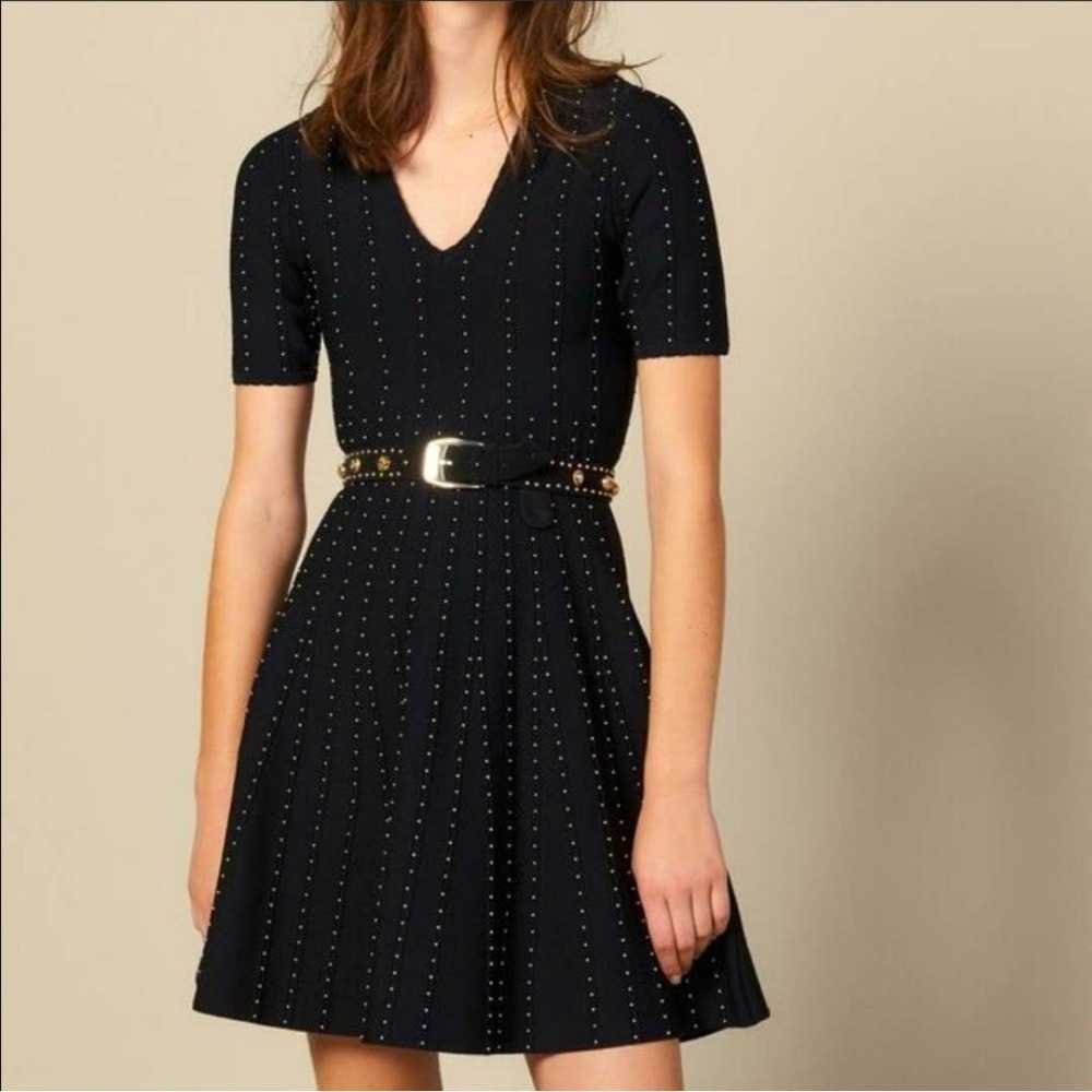 Sandro Paris Vaness Black Silver Beaded Ribbed Knitted Fit & Flare Dress S New - Picture 12 of 13